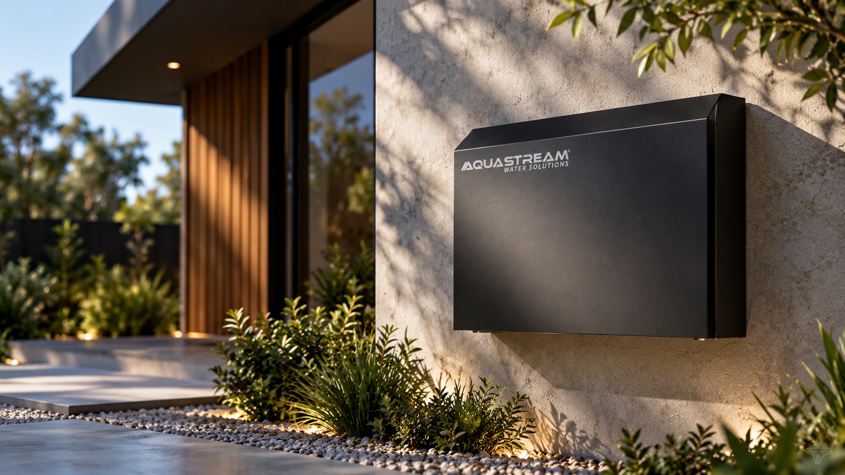 AquaStream DUO whole-home filtration system installed beside a modern home entrance