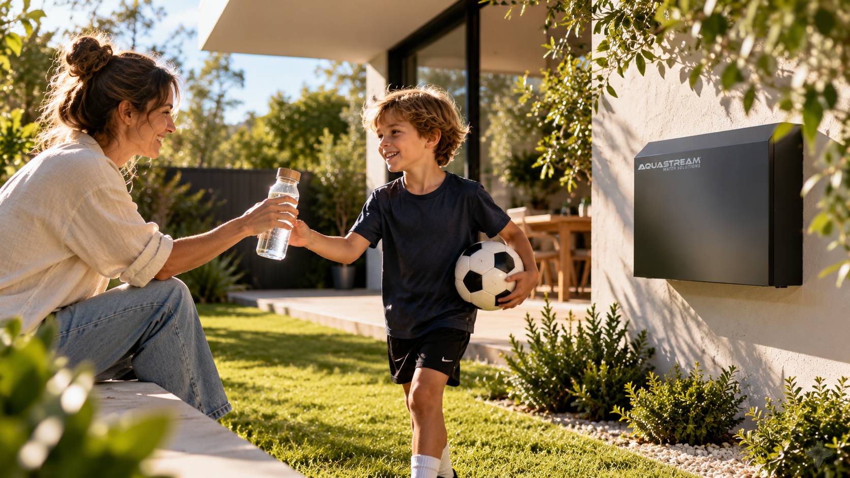 A family sharing filtered water beside an installed AquaStream system